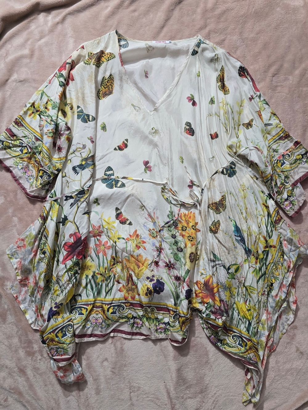 Johnny WAS White Floral & Butterfly V-Neck Women's tunic Silk  Top Size XL